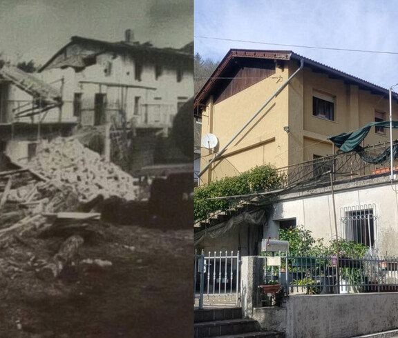 Gegenüberstellung eines zerstörten Hauses nach dem Erdbeben und desselben Hauses nach dem Wiederaufbau in Friaul.