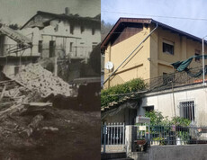 Gegenüberstellung eines zerstörten Hauses nach dem Erdbeben und desselben Hauses nach dem Wiederaufbau in Friaul.