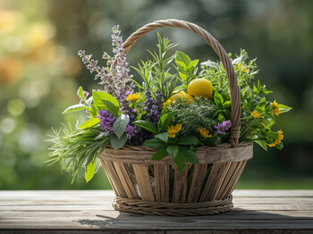 Korb mit frischen Kräutern, Lavendel und Zitronen auf einem Holztisch.
