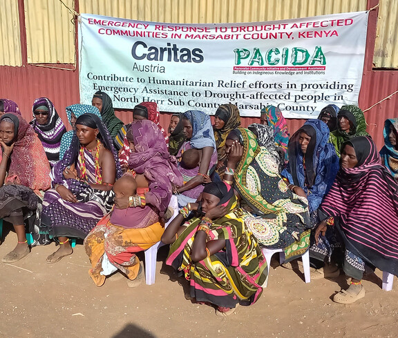 Afrikanische Frauen sitzen vor einem Gebäude. Hinter ihnen ist ein Plakat mit helfen Organisationen zu sehen, unter den Logos Caritas und PACIDA.