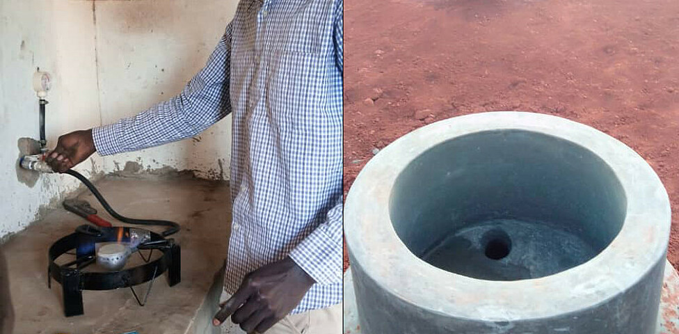 Ein Afrikaner testet die neue Kochmöglichkeit mit dem selbsthergestellten Biogas.