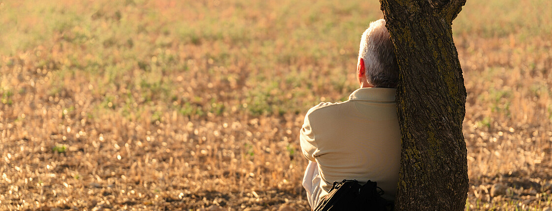Ein älterer Herr sitzt einsam an den Stamm eines Baum gelehnt auf einer Wiese und sieht in die Ferne.