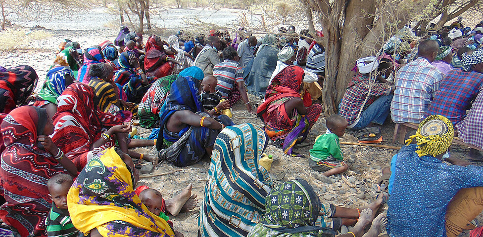Die Frauen des Unterbezirks North-Horr sitzen unter einem Baum und werden für die Projektaktivitäten sensibilisiert.